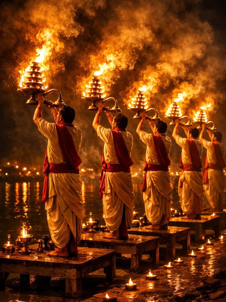 The evening Ganga Aarti ceremony along the sacred River Ganges in Varanasi.